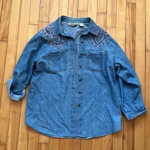 Vtg Galliano 2000s Denim Shirt Womens Long Sleeve Lace Blue Jean Button Up Large